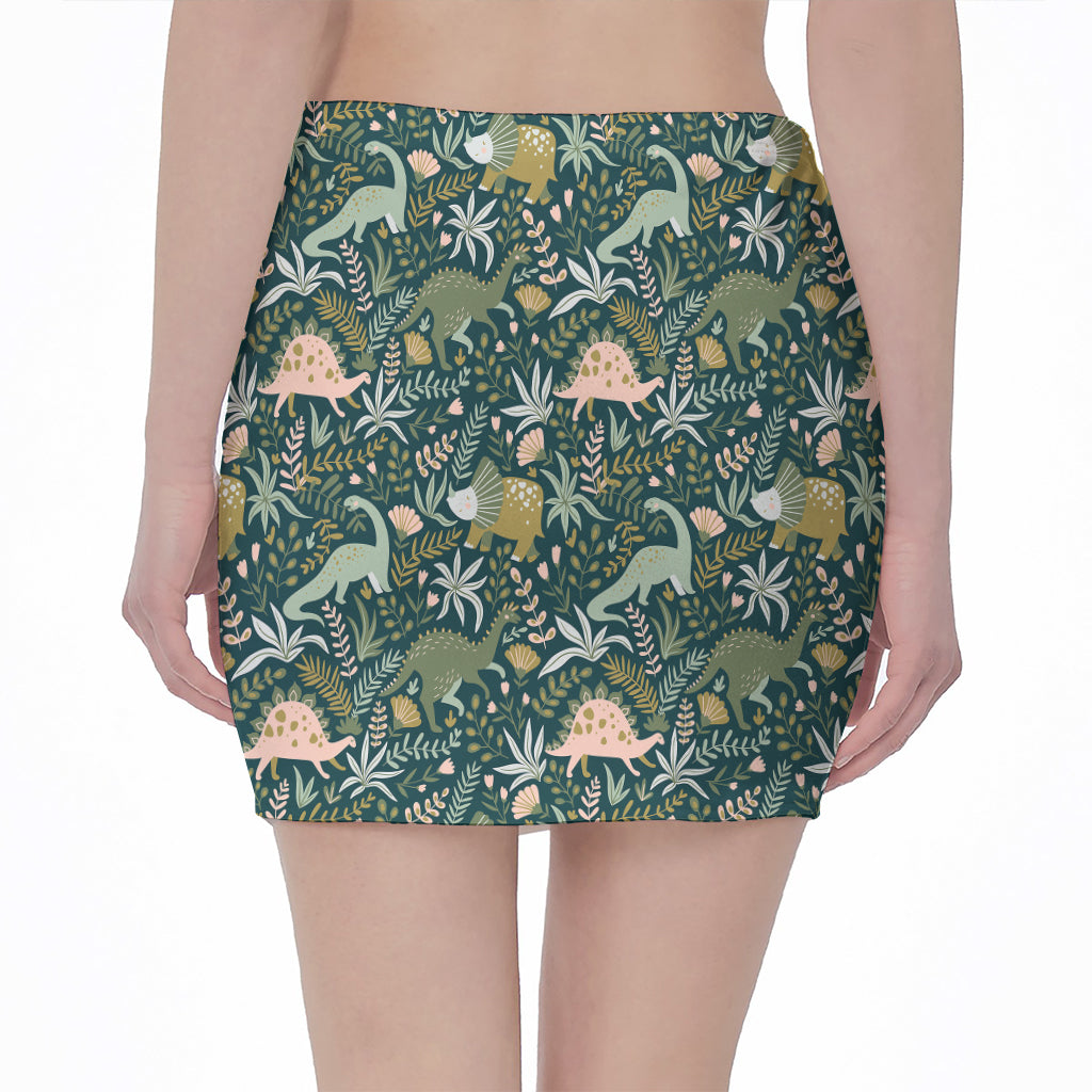 Cute Dino Tropical Leaves Pattern Print Pencil Mini Skirt