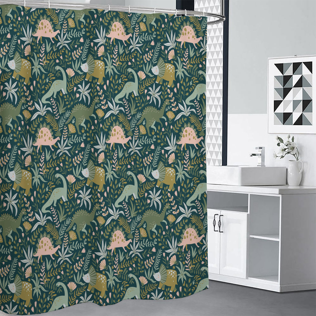 Cute Dino Tropical Leaves Pattern Print Premium Shower Curtain