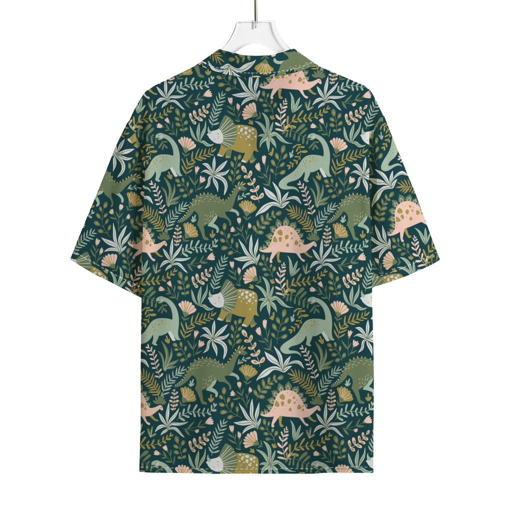 Cute Dino Tropical Leaves Pattern Print Rayon Hawaiian Shirt