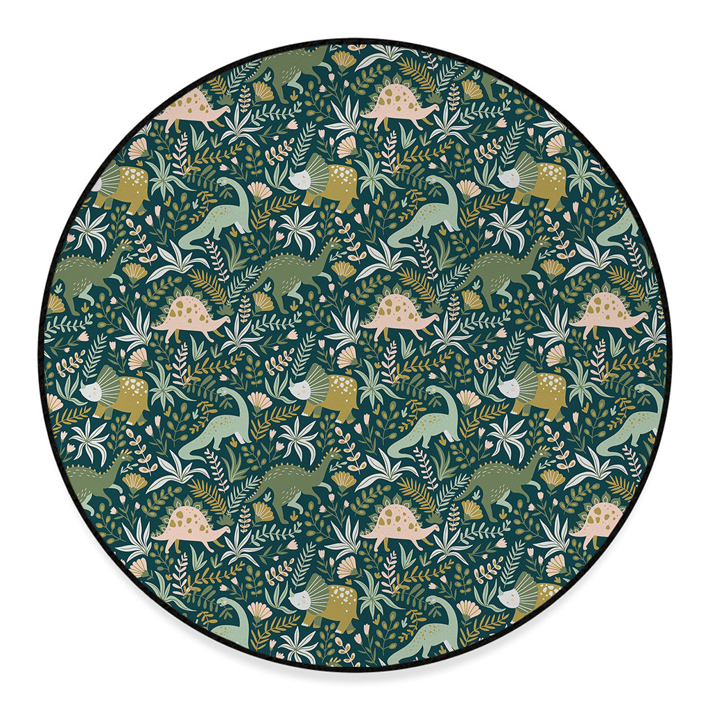 Cute Dino Tropical Leaves Pattern Print Round Floor Mat