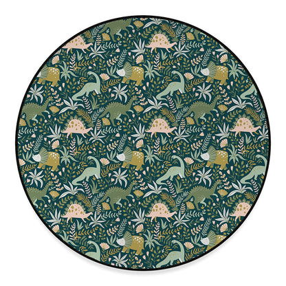 Cute Dino Tropical Leaves Pattern Print Round Floor Mat