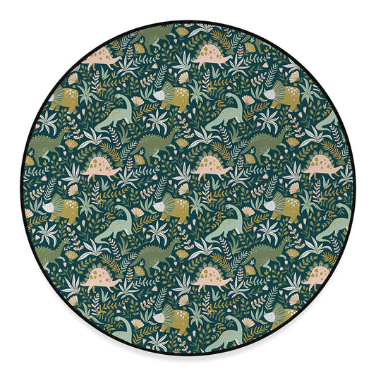 Cute Dino Tropical Leaves Pattern Print Round Floor Mat
