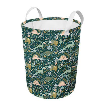 Cute Dino Tropical Leaves Pattern Print Round Laundry Basket