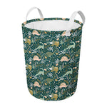 Cute Dino Tropical Leaves Pattern Print Round Laundry Basket