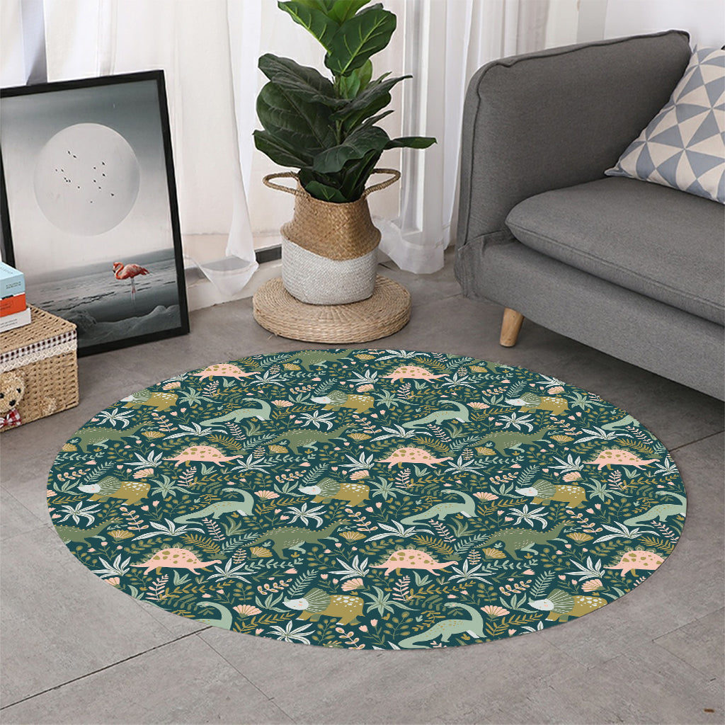 Cute Dino Tropical Leaves Pattern Print Round Rug