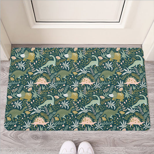 Cute Dino Tropical Leaves Pattern Print Rubber Doormat