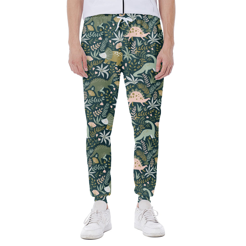 Cute Dino Tropical Leaves Pattern Print Scuba Joggers