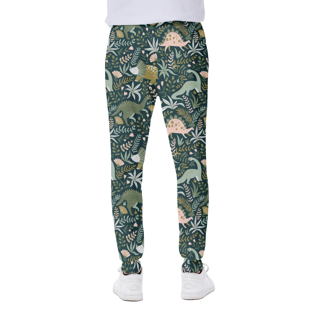 Cute Dino Tropical Leaves Pattern Print Scuba Joggers