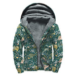 Cute Dino Tropical Leaves Pattern Print Sherpa Lined Zip Up Hoodie