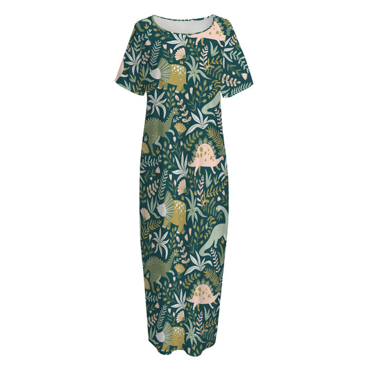 Cute Dino Tropical Leaves Pattern Print Short Sleeve Long Nightdress