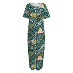 Cute Dino Tropical Leaves Pattern Print Short Sleeve Long Nightdress