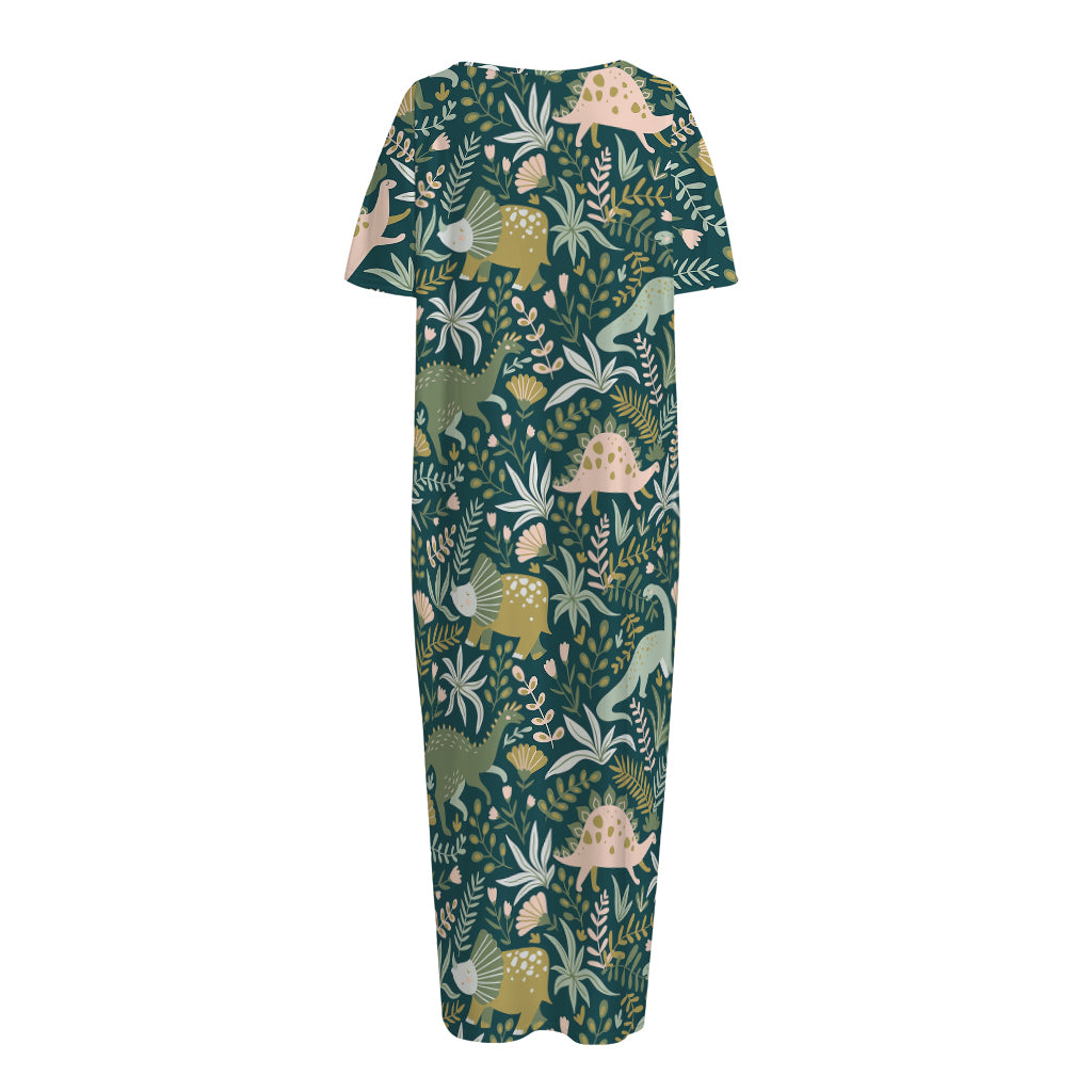 Cute Dino Tropical Leaves Pattern Print Short Sleeve Long Nightdress