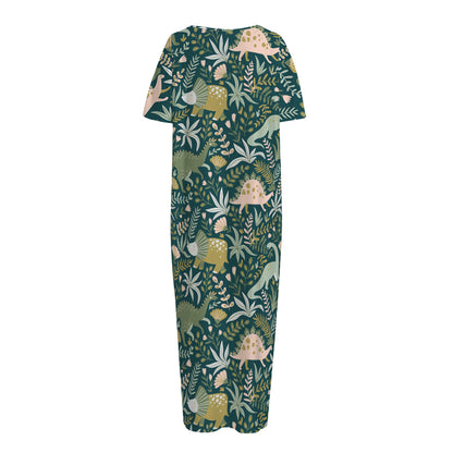 Cute Dino Tropical Leaves Pattern Print Short Sleeve Long Nightdress