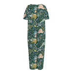 Cute Dino Tropical Leaves Pattern Print Short Sleeve Long Nightdress
