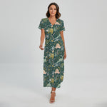 Cute Dino Tropical Leaves Pattern Print Short Sleeve Maxi Dress