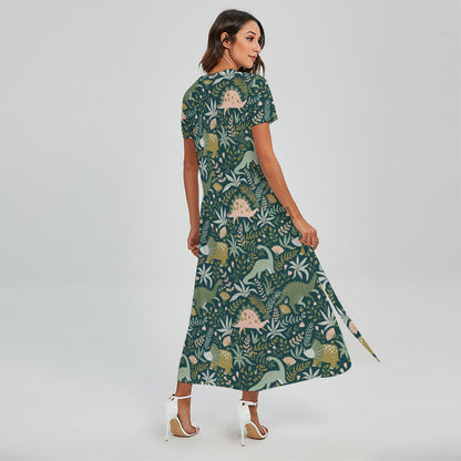 Cute Dino Tropical Leaves Pattern Print Short Sleeve Maxi Dress