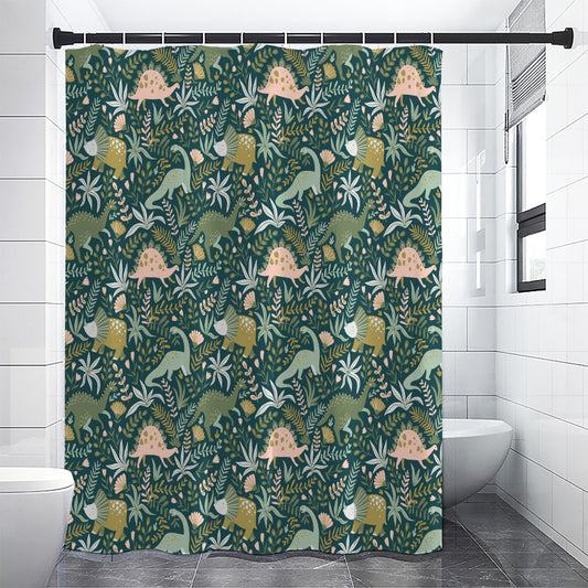 Cute Dino Tropical Leaves Pattern Print Shower Curtain