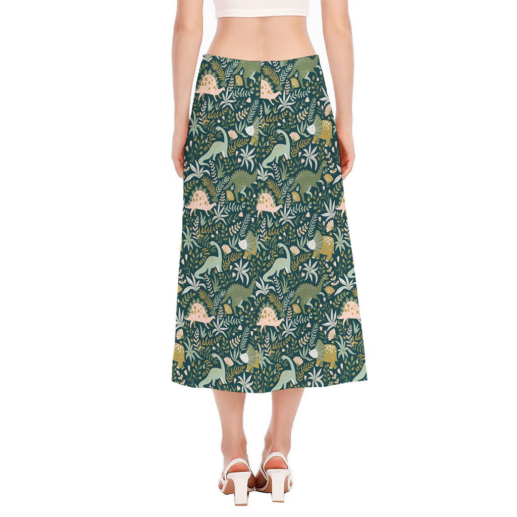 Cute Dino Tropical Leaves Pattern Print Side Slit Midi Skirt