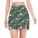 Cute Dino Tropical Leaves Pattern Print Side Slit Mini Skirt