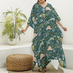 Cute Dino Tropical Leaves Pattern Print Silk V-Neck Kaftan Dress