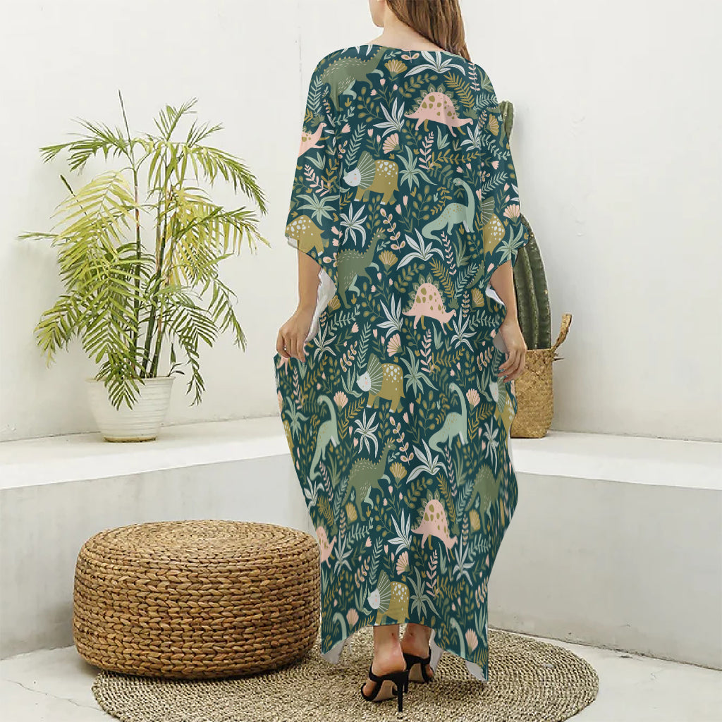 Cute Dino Tropical Leaves Pattern Print Silk V-Neck Kaftan Dress