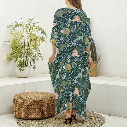 Cute Dino Tropical Leaves Pattern Print Silk V-Neck Kaftan Dress