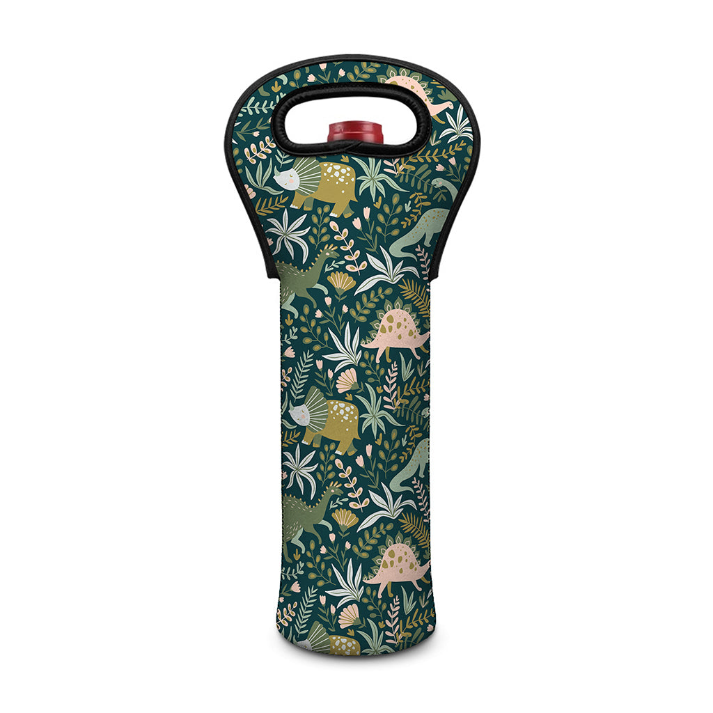Cute Dino Tropical Leaves Pattern Print Single Neoprene Wine Tote