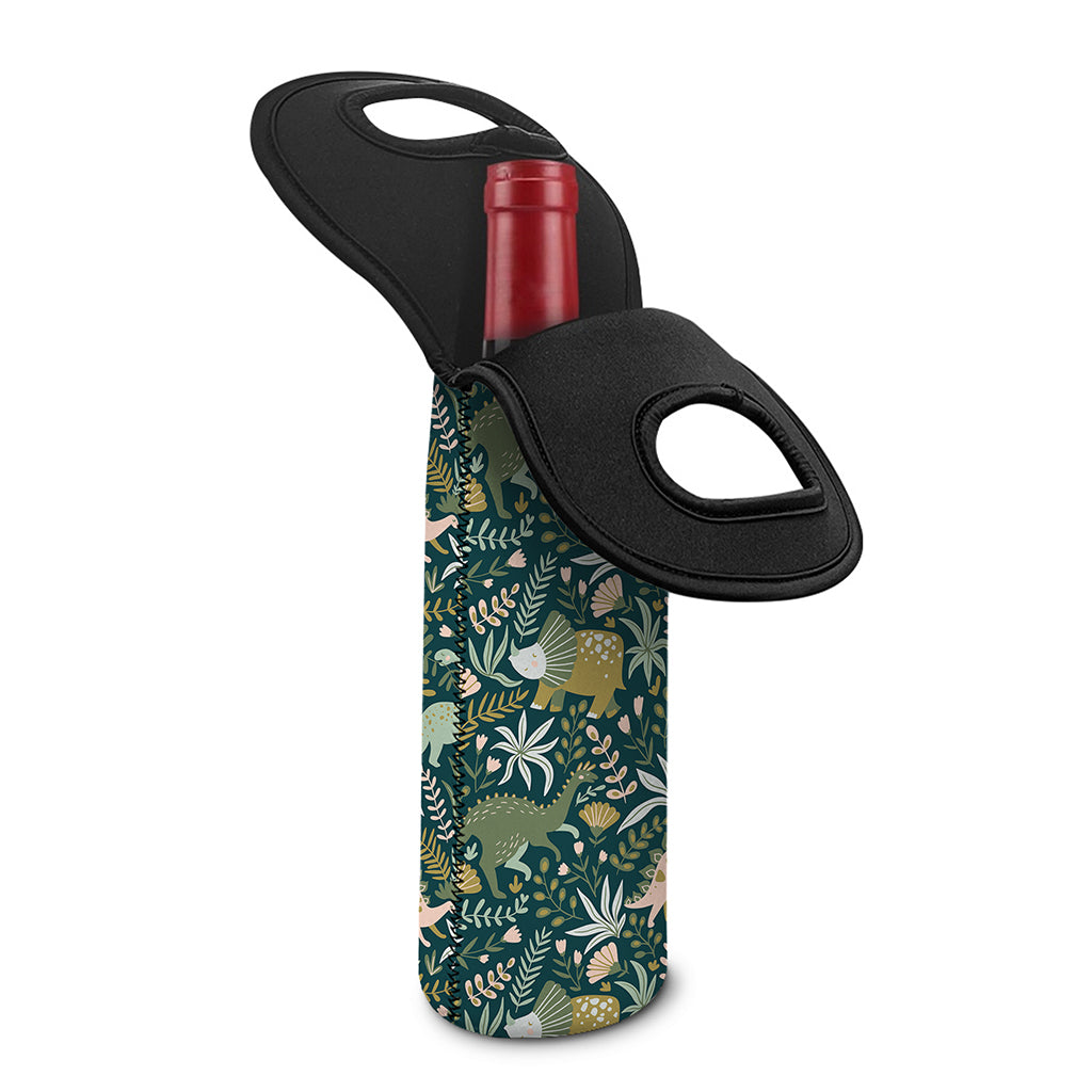 Cute Dino Tropical Leaves Pattern Print Single Neoprene Wine Tote