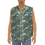 Cute Dino Tropical Leaves Pattern Print Sleeveless Baseball Jersey