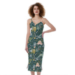 Cute Dino Tropical Leaves Pattern Print Slim Fit Midi Cami Dress