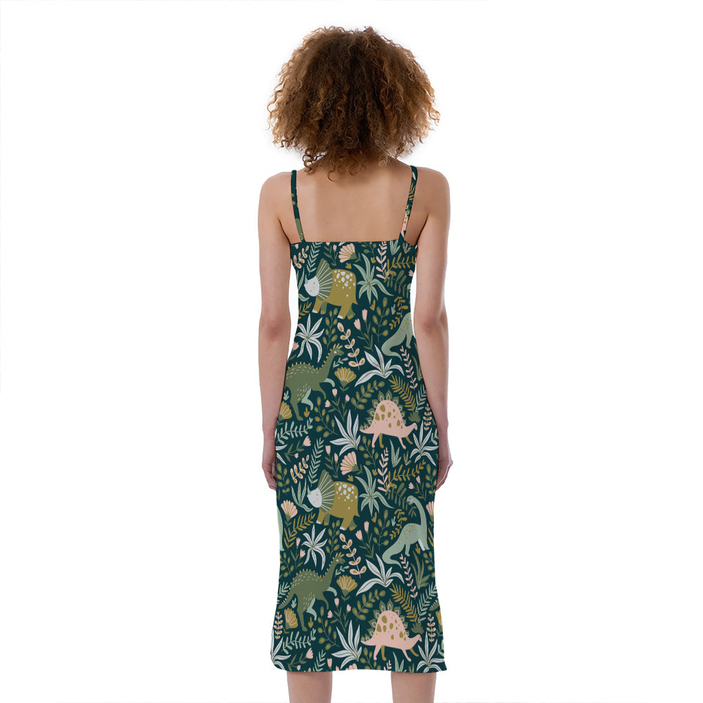 Cute Dino Tropical Leaves Pattern Print Slim Fit Midi Cami Dress