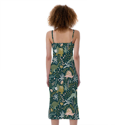 Cute Dino Tropical Leaves Pattern Print Slim Fit Midi Cami Dress
