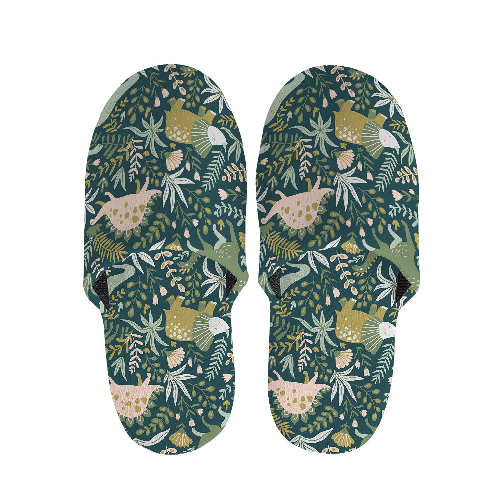 Cute Dino Tropical Leaves Pattern Print Slippers