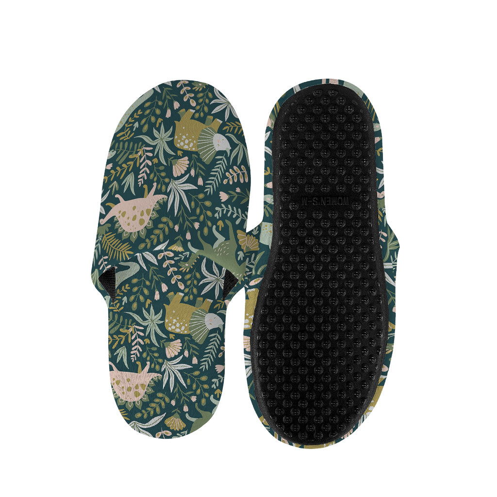 Cute Dino Tropical Leaves Pattern Print Slippers