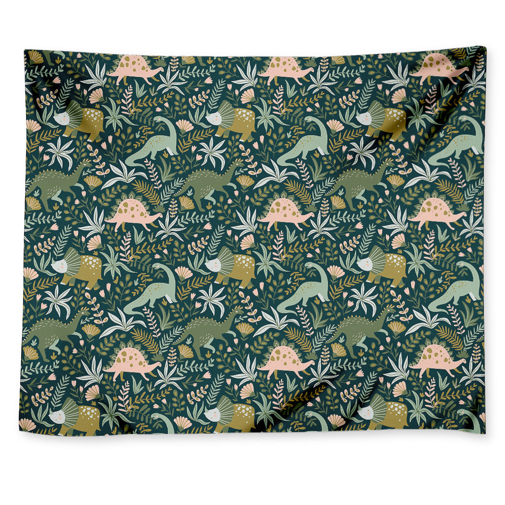 Cute Dino Tropical Leaves Pattern Print Tapestry