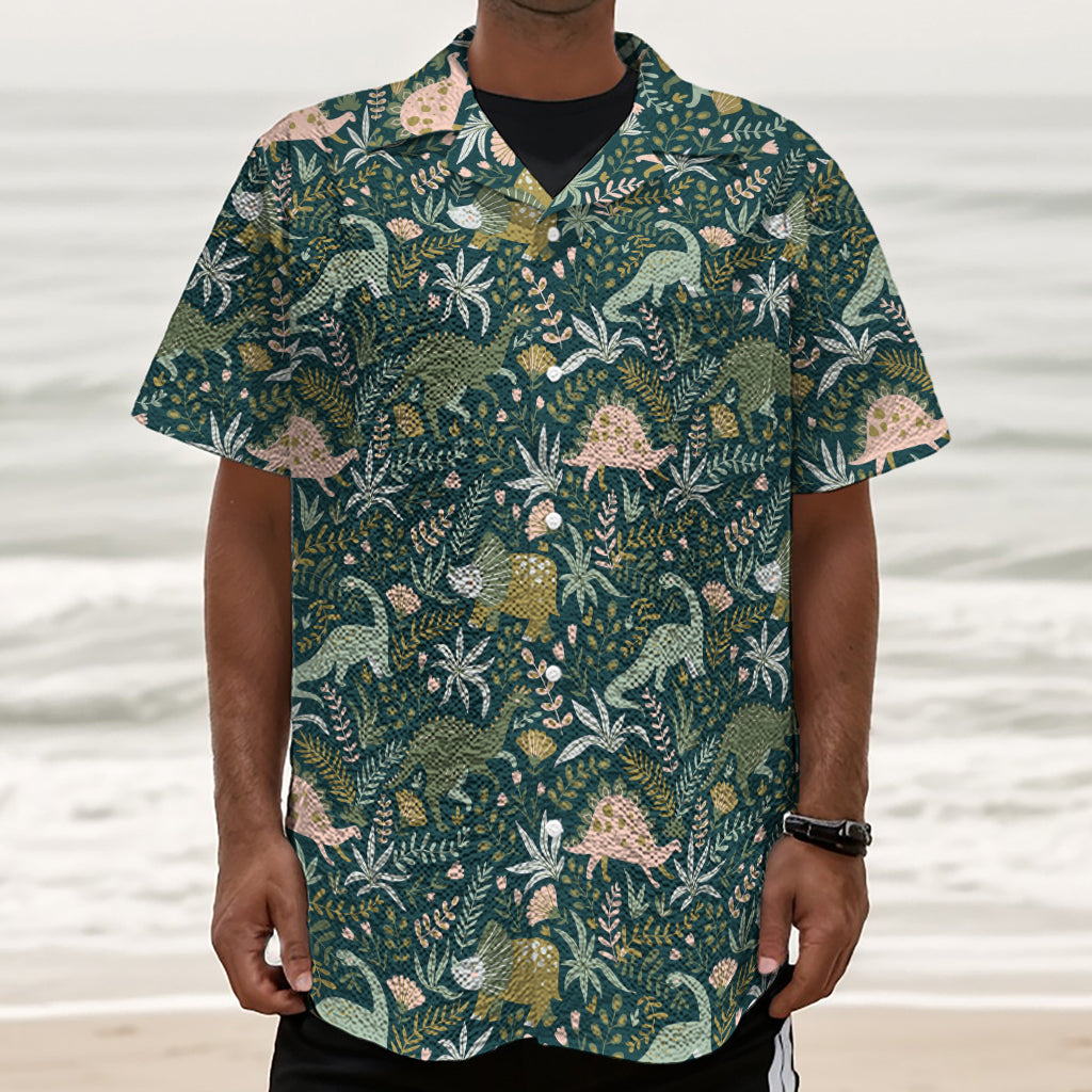 Cute Dino Tropical Leaves Pattern Print Textured Short Sleeve Shirt