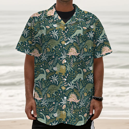Cute Dino Tropical Leaves Pattern Print Textured Short Sleeve Shirt