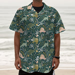 Cute Dino Tropical Leaves Pattern Print Textured Short Sleeve Shirt