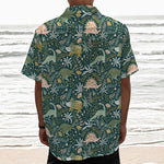 Cute Dino Tropical Leaves Pattern Print Textured Short Sleeve Shirt