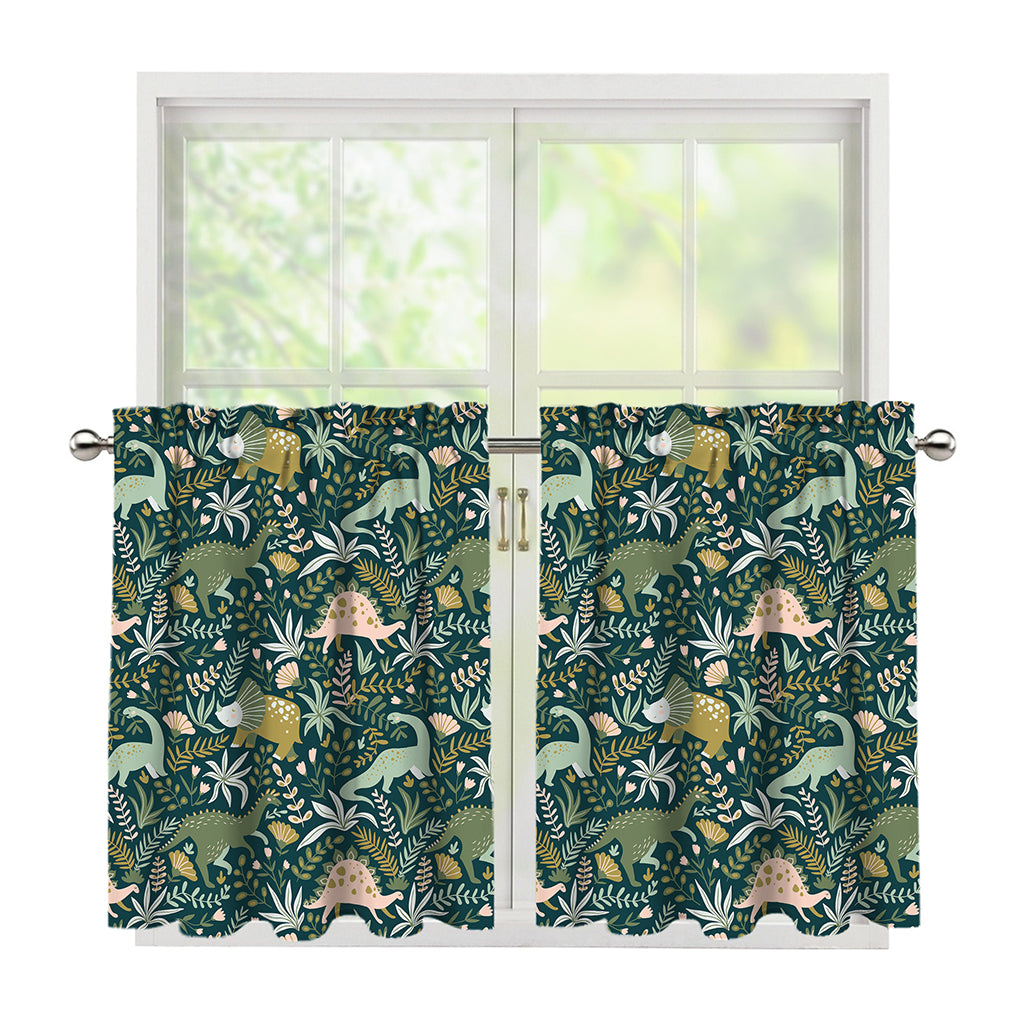 Cute Dino Tropical Leaves Pattern Print Tier Curtains