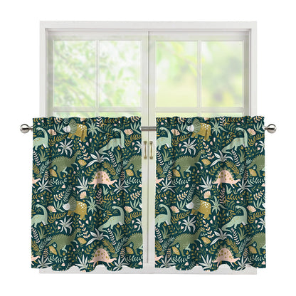 Cute Dino Tropical Leaves Pattern Print Tier Curtains