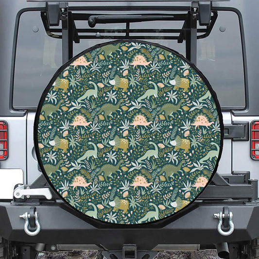 Cute Dino Tropical Leaves Pattern Print Tire Cover