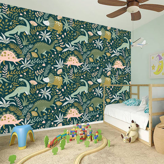 Cute Dino Tropical Leaves Pattern Print Wall Sticker