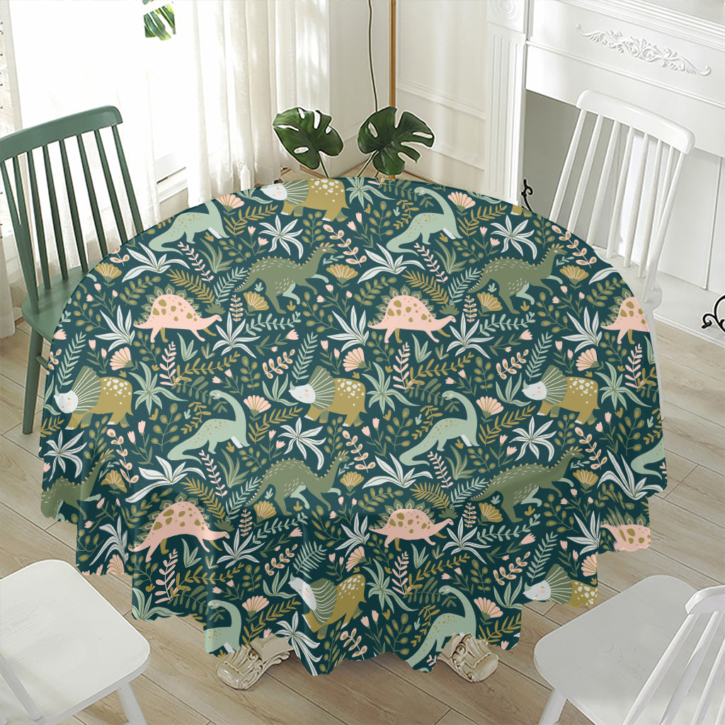 Cute Dino Tropical Leaves Pattern Print Waterproof Round Tablecloth
