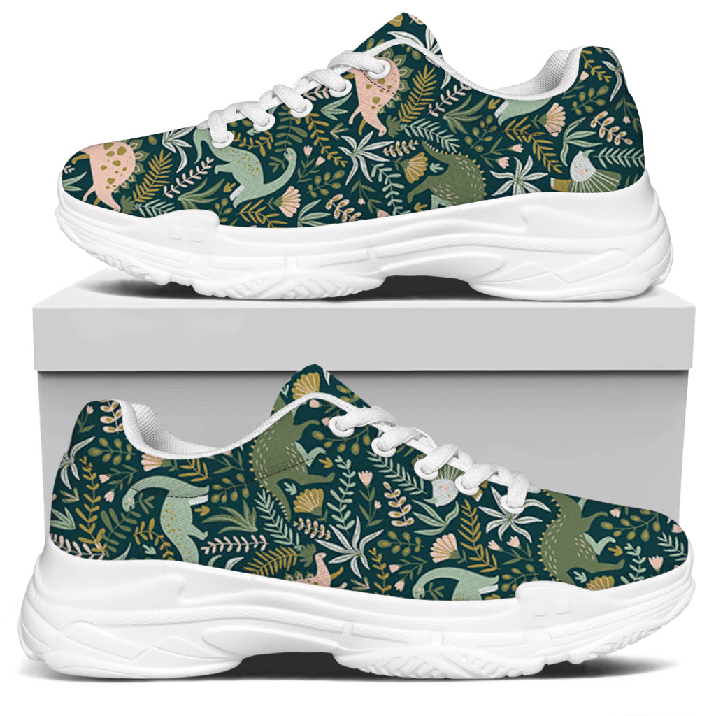 Cute Dino Tropical Leaves Pattern Print White Chunky Shoes