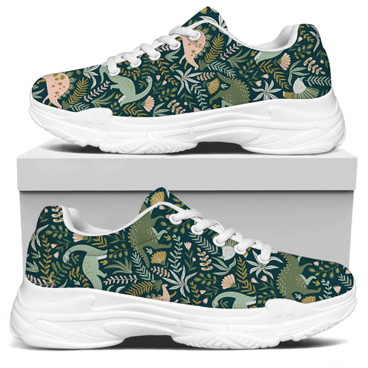 Cute Dino Tropical Leaves Pattern Print White Chunky Shoes