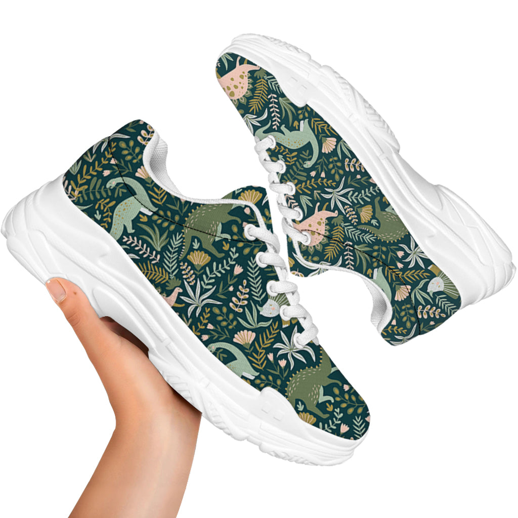 Cute Dino Tropical Leaves Pattern Print White Chunky Shoes