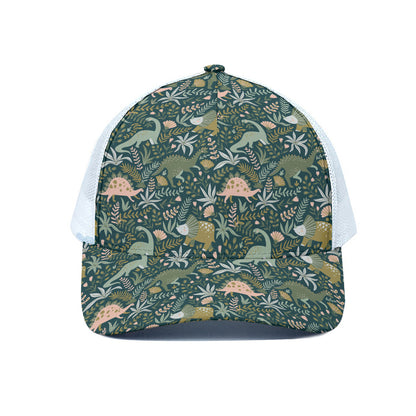 Cute Dino Tropical Leaves Pattern Print White Mesh Trucker Cap