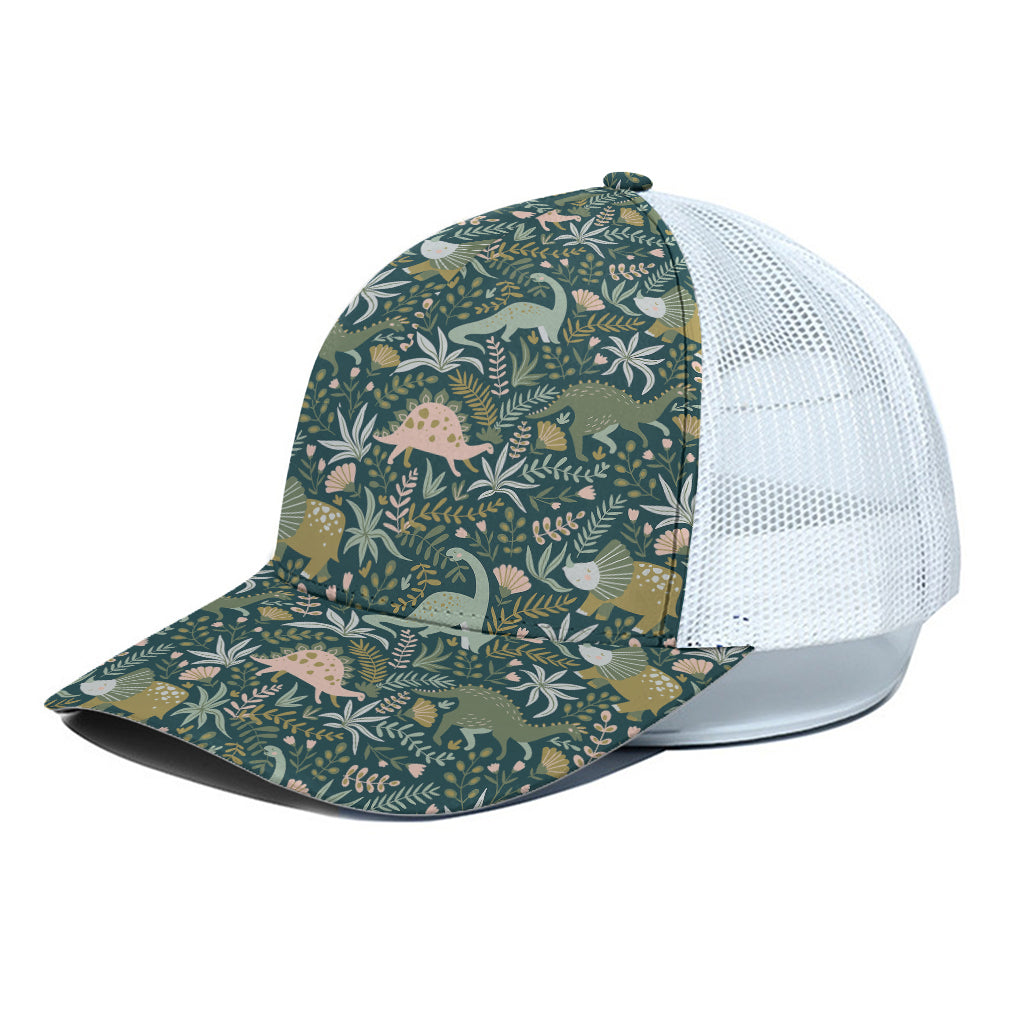 Cute Dino Tropical Leaves Pattern Print White Mesh Trucker Cap