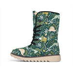 Cute Dino Tropical Leaves Pattern Print Winter Boots